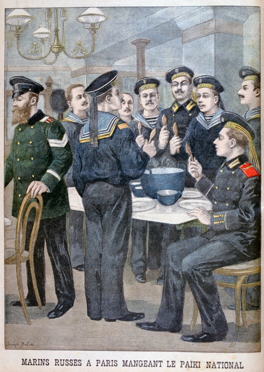 Russische mariniers eten paiki in Parijs, 1900 door Joseph Belon