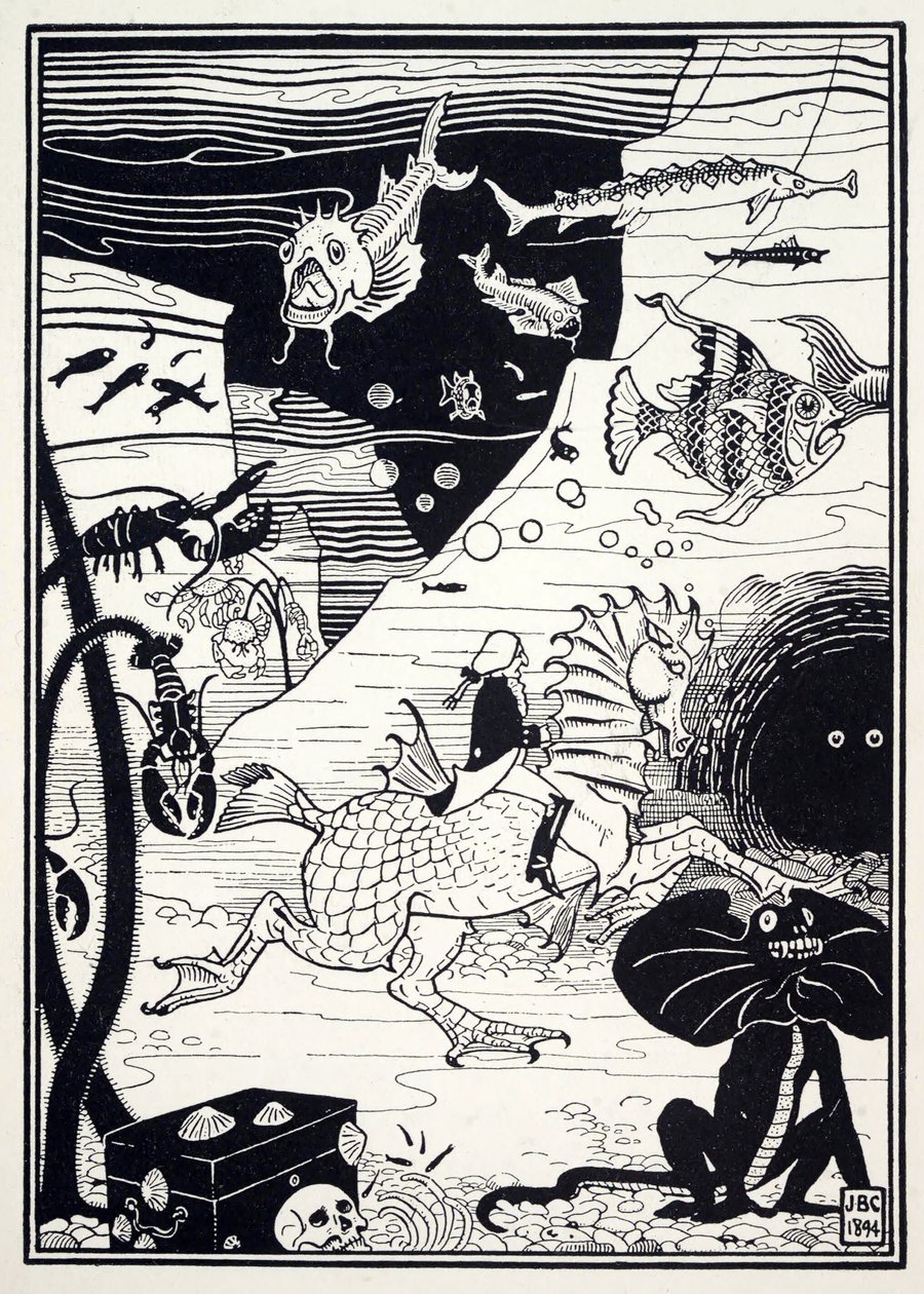 Er was een grote verscheidenheid aan hoge, nobele bomen, beladen met zeevruchten, zoals kreeften, krabben, oesters, uit De verrassende avonturen van Baron Munchausen, uitgegeven 1895 door Joseph Benwell Clark