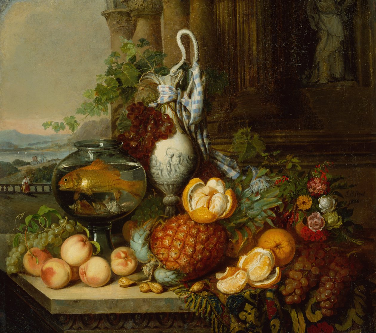 Stilleven met fruit, viskom en landschap door Joseph Biays Ord