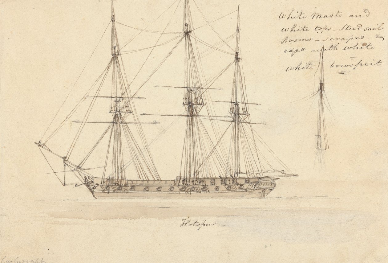 Zijaanzicht van enkele korvet en top van enkele mast, Hotspur door Joseph Cartwright
