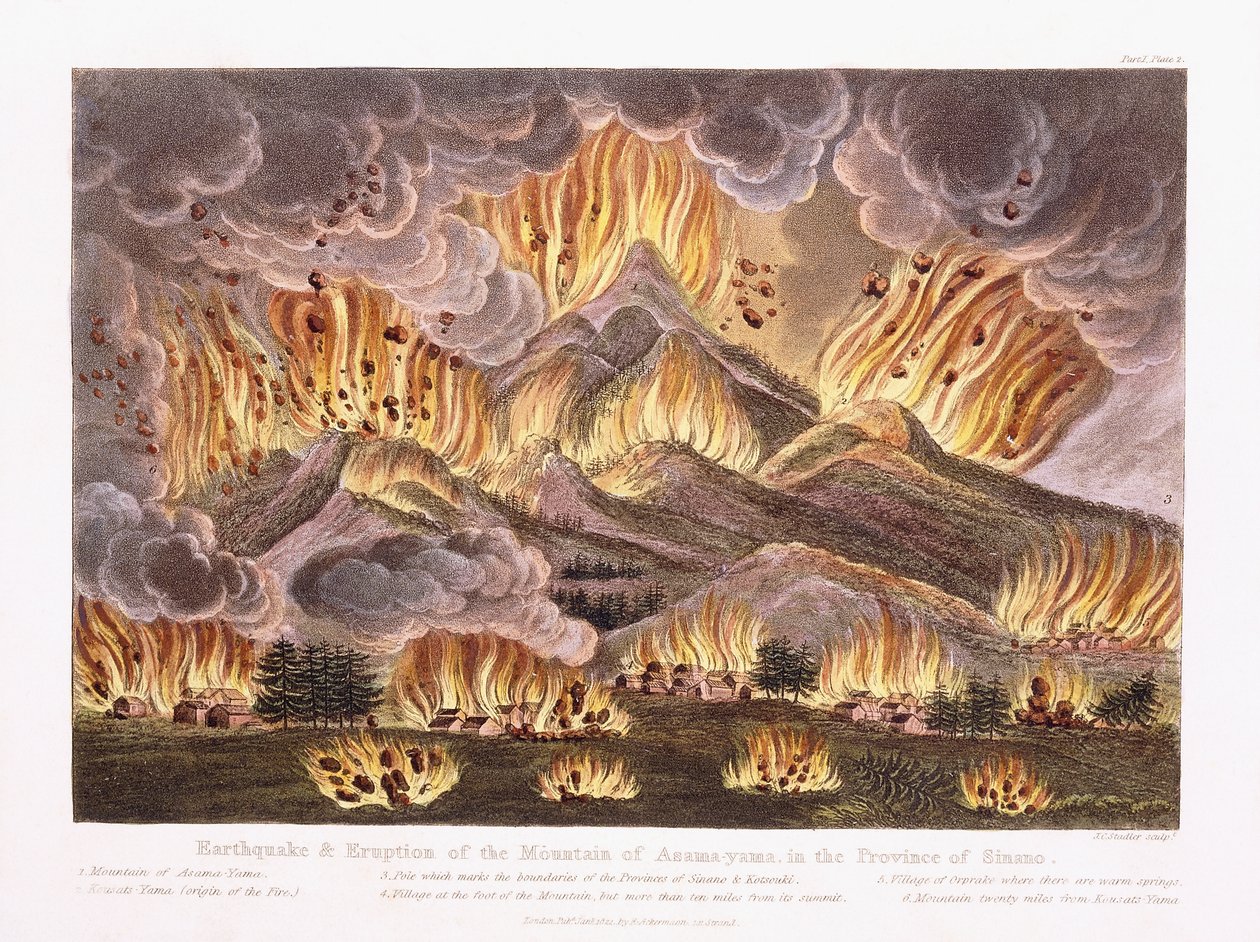 Aardbeving en Uitbarsting van de Berg Asama-yama in de Provincie Sinano, 1822 door Joseph Constantine Stadler