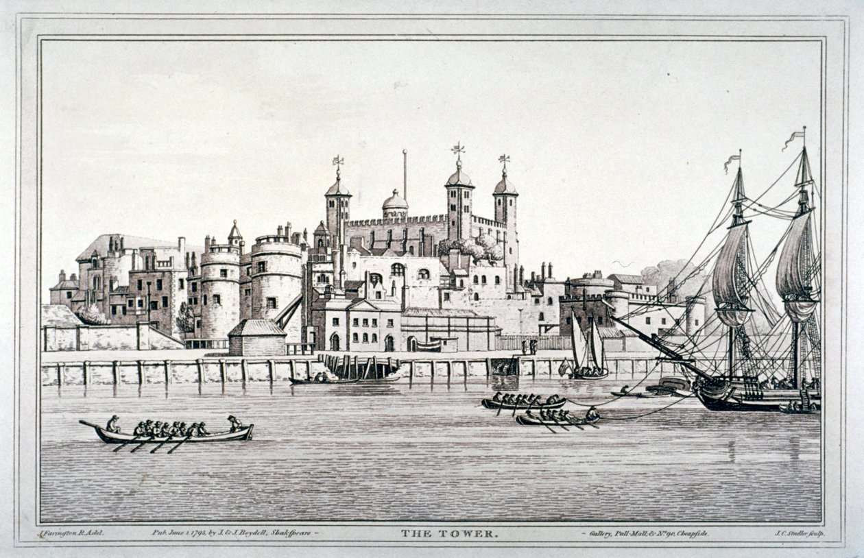 Zuidelijk uitzicht op de Tower of London met boten op de rivier de Theems, 1795 door Joseph Constantine Stadler
