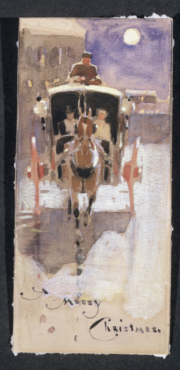 Kerstkaart met een Hansom Cab door Joseph Crawhall