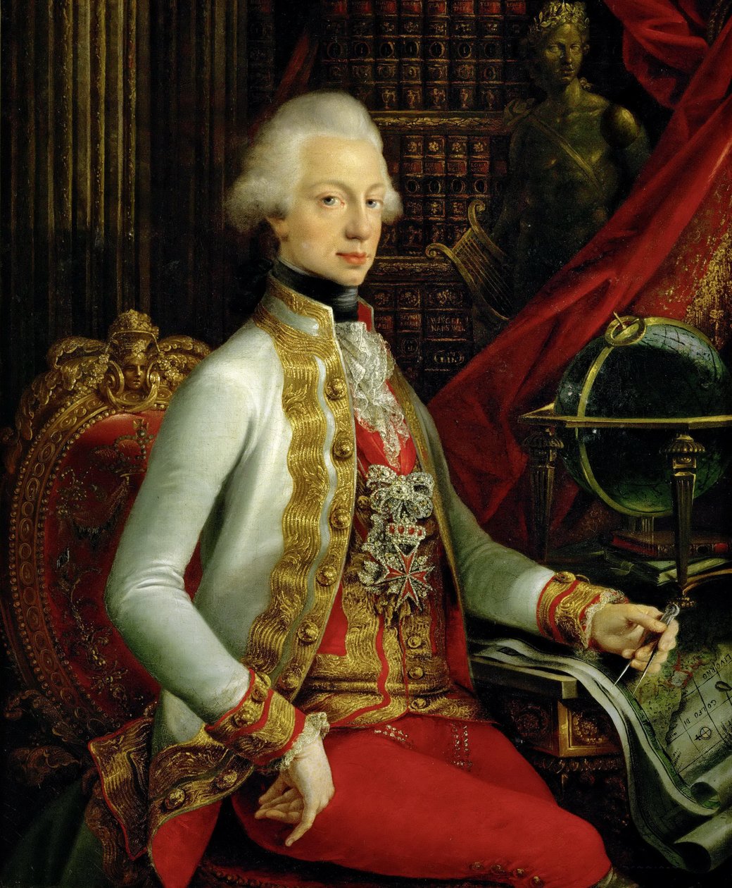 Duits: Großherzog Ferdinand III. (1769-1824), Sohn von Leopold II., in seiner Bibliothek sitzend, Kniestück Portret van Ferdinand III, aartshertog van Oostenrijk en groothertog van Toscane (1769-1824), zittend in zijn bibliotheek door Joseph Dorffmeister