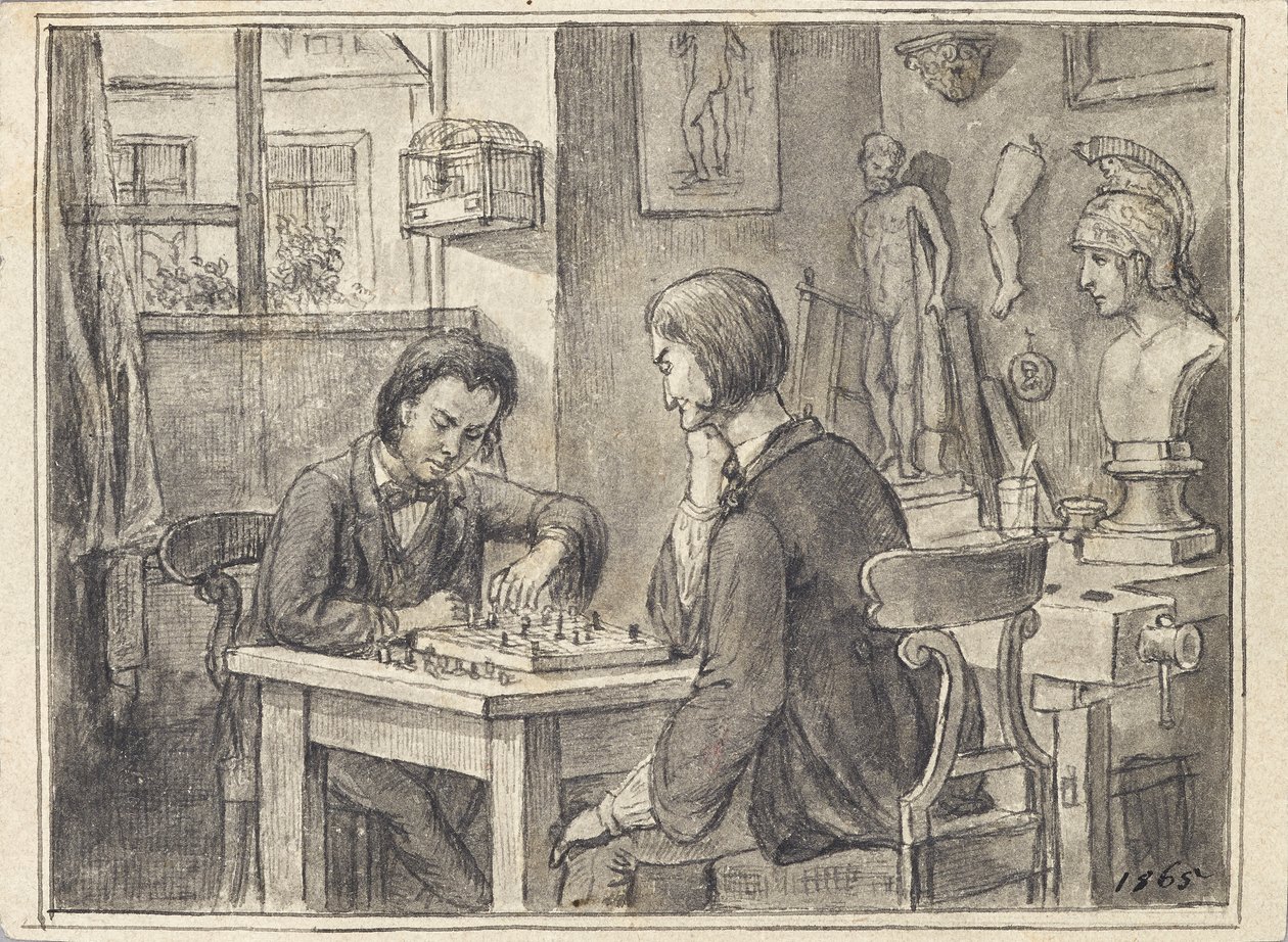 De Schaakspelers in het Beeldhouwersatelier door Joseph Eugen Hörwarter