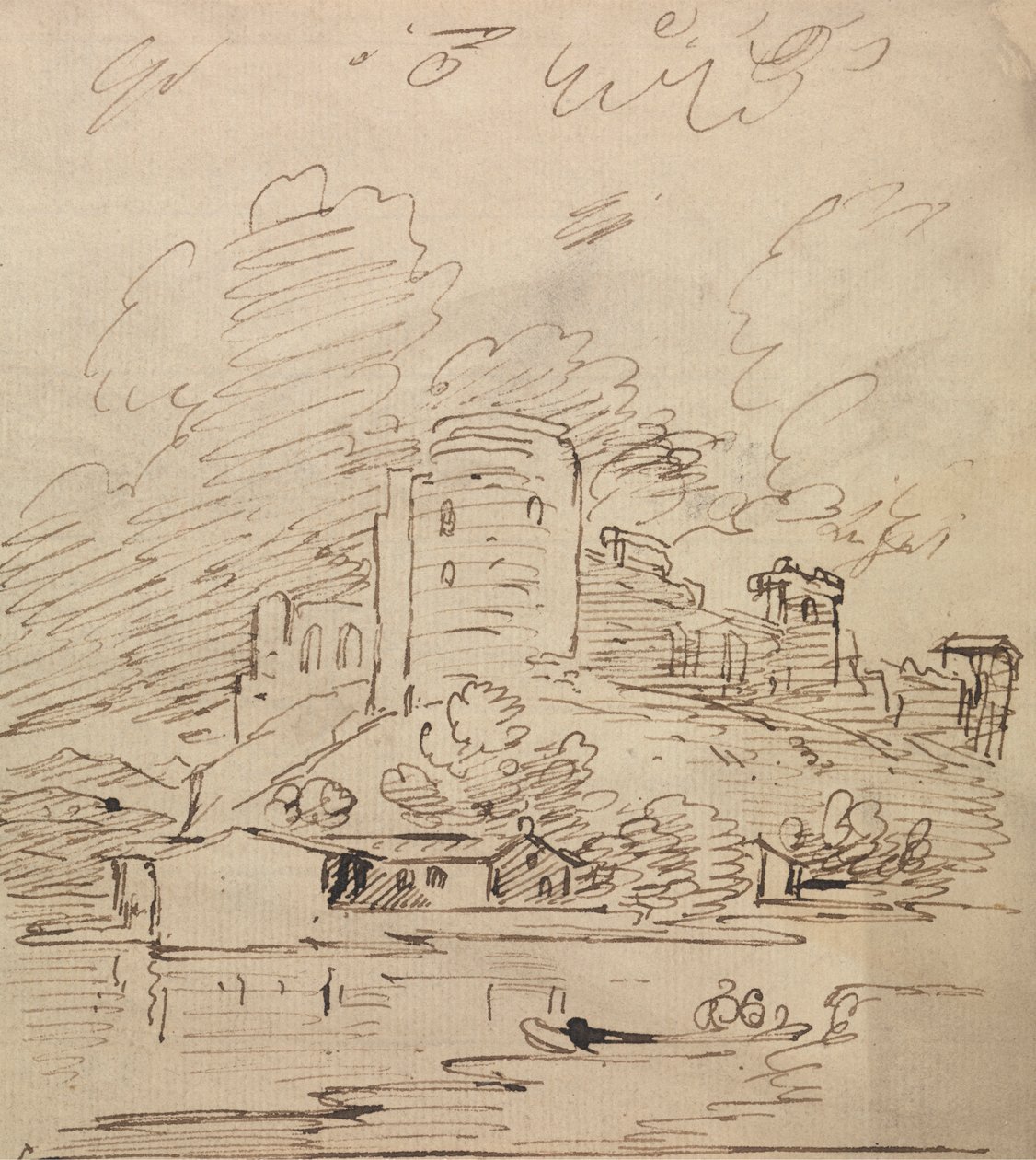 Kasteel met een Ronde Toren Boven een Rivier door Joseph Farington