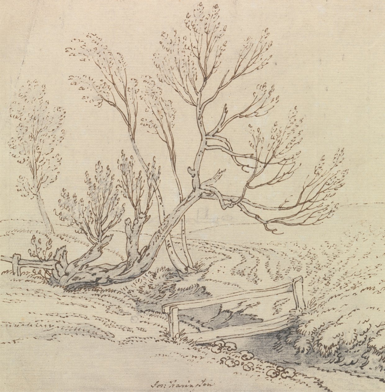 Voetbrug over een stroom bij een wilgenboom door Joseph Farington