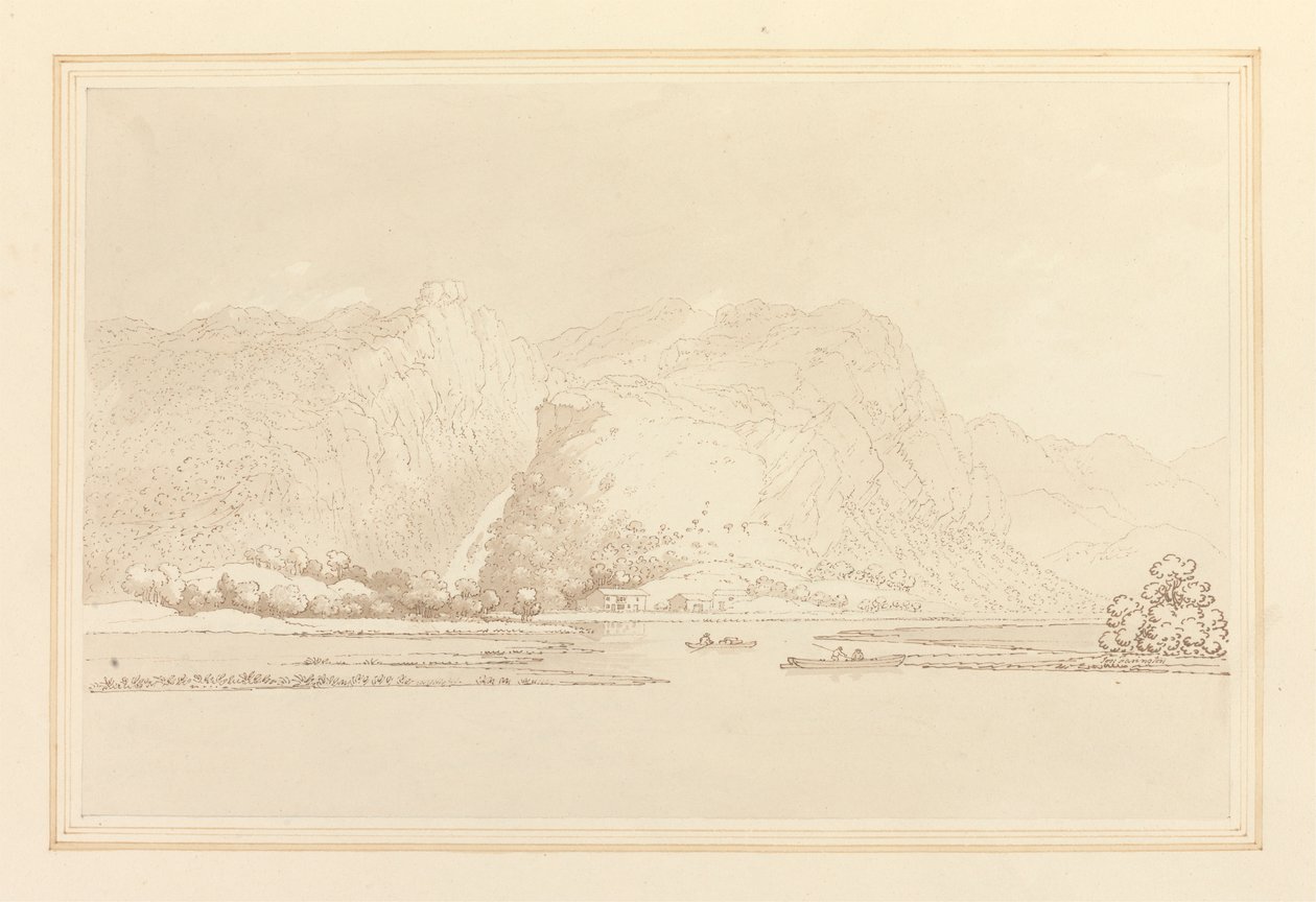 Lodore Cottage rotsen en waterval door Joseph Farington