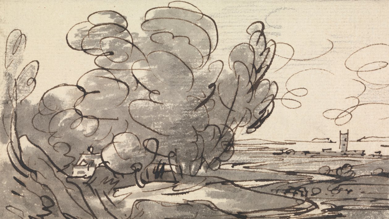 Bomen met een Verre Kerk aan de Rechterkant door Joseph Farington