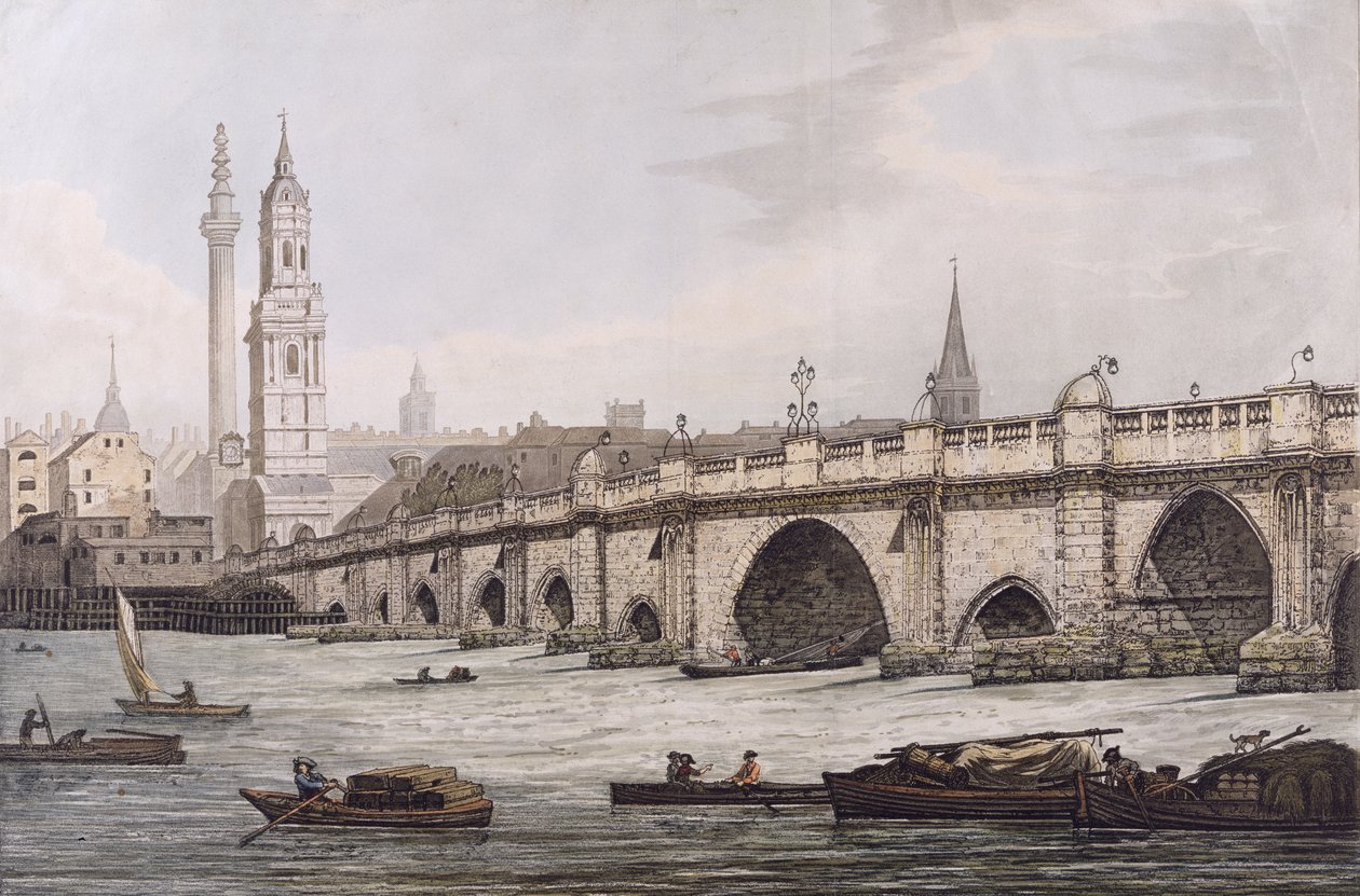 Uitzicht op London Bridge, inclusief de kerk van St. Magus en het Monument, gegraveerd door J.C. Stadler door Joseph Farington