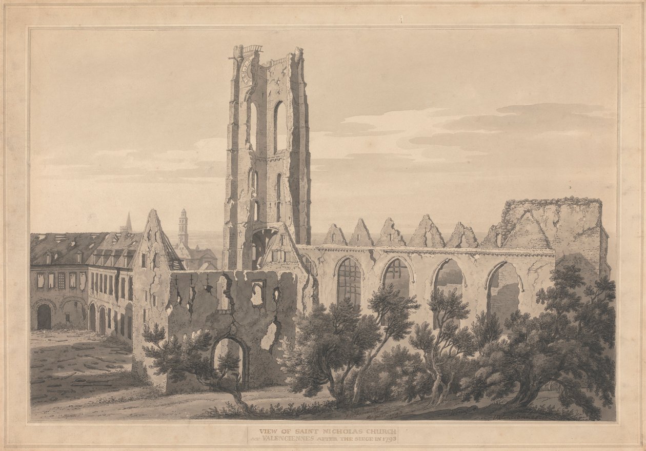 Uitzicht op de Sint-Niklaaskerk in Valenciennes na de Belegering door Joseph Farington
