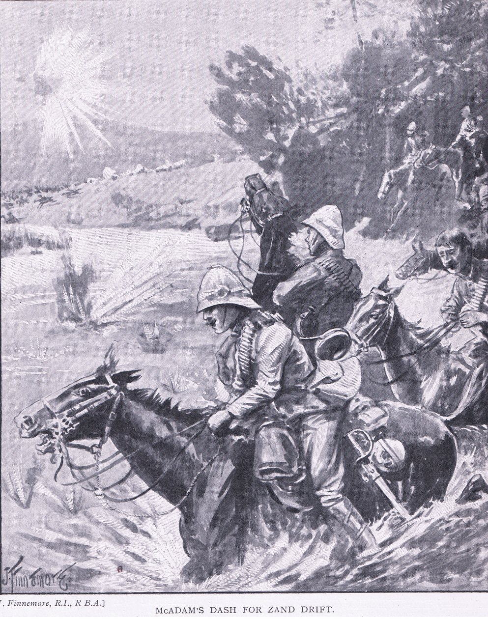 McAdams sprint naar Zand Drift, uit After Pretoria: The Guerilla War gepubliceerd door Harmsworth Bros Limited, 1901 door Joseph Finnemore