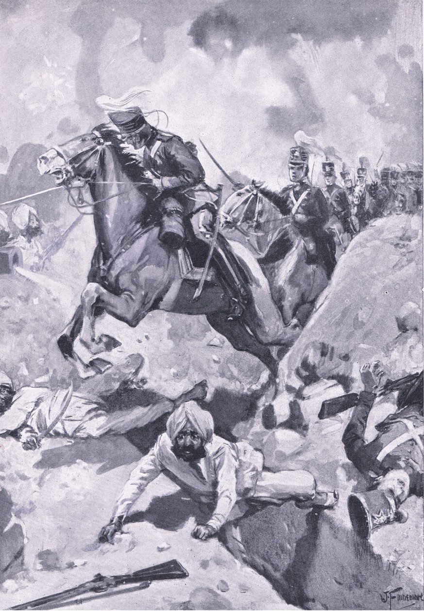 Sobraon: Sir Joseph Thackwell leidt de 3e Lichte Dragoons in enkele rij door enkele Sikh-aardwerken, illustratie uit Britse gevechten op land en zee, 1915 door Joseph Finnemore