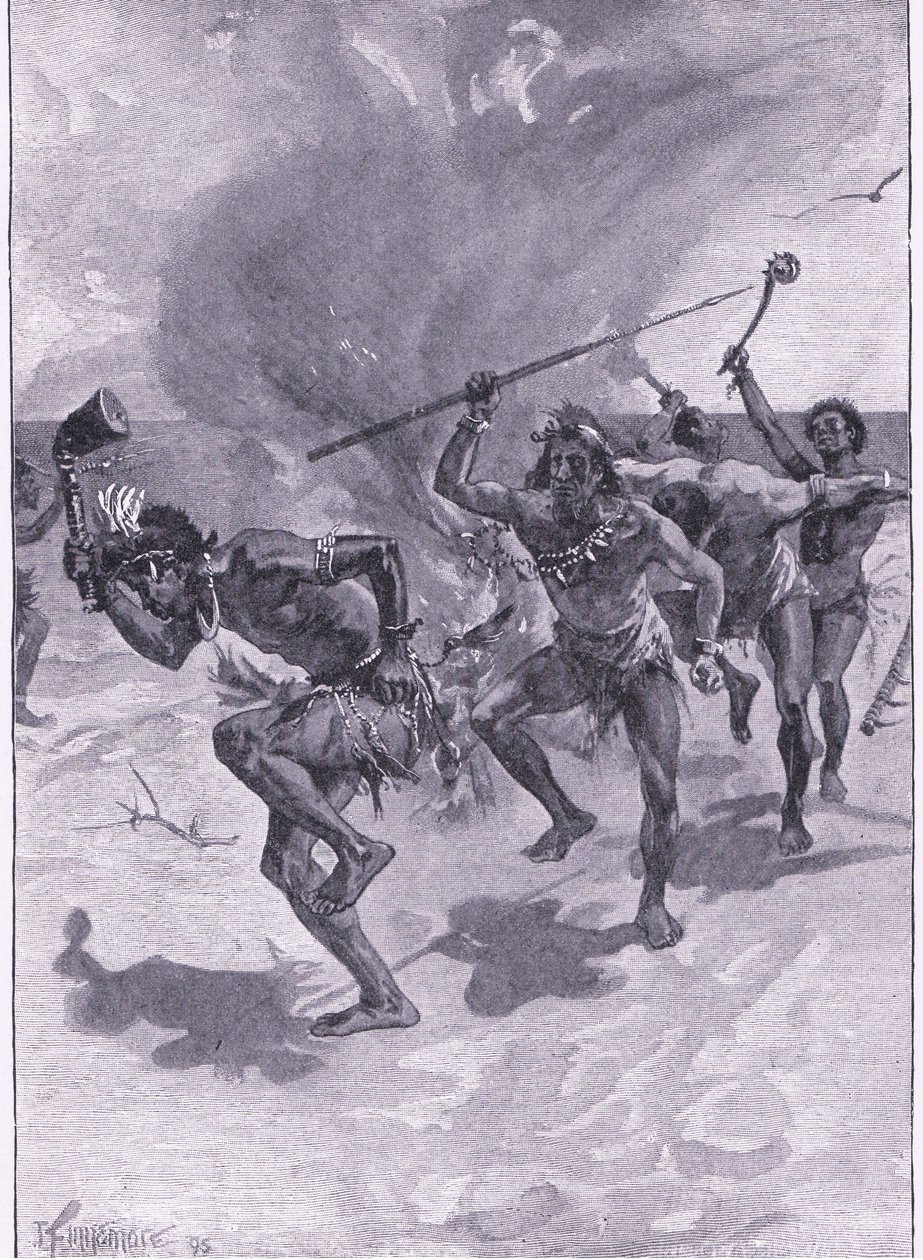 Ze dansten allemaal rond een vuur (litho) door Joseph Finnemore