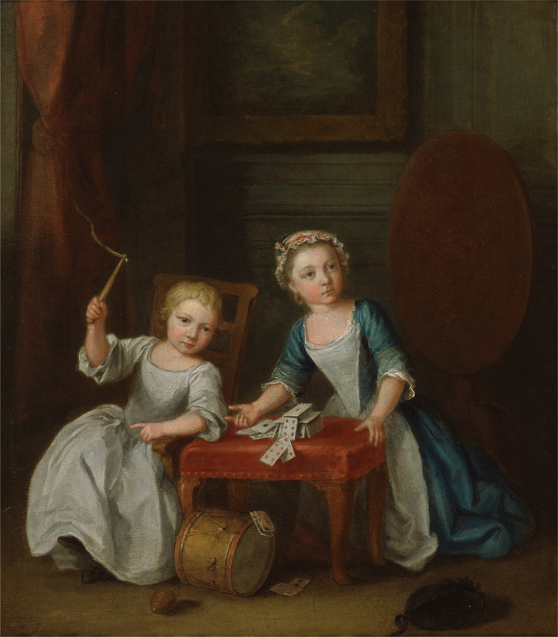Twee kinderen van de Nollekens familie, waarschijnlijk Jacobus en Maria Sophia, spelend met een tol en speelkaarten door Joseph Francis Nollekens