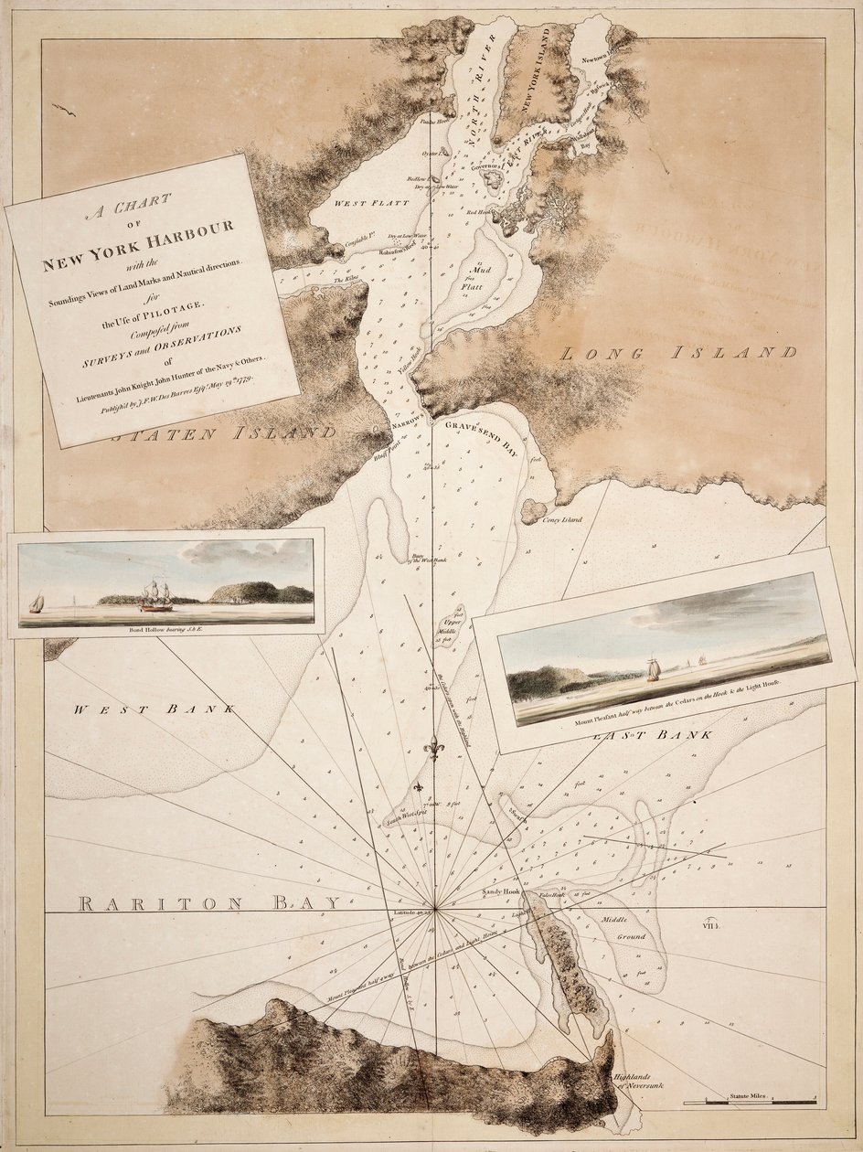 Een kaart van de haven van New York met de dieptes, uitzichten op herkenningspunten en nautische aanwijzingen voor het gebruik van loodsen. Samengesteld uit onderzoeken en observaties van luitenants John Knight, John Hunter van de marine en anderen. door Joseph Frederick Wallet DesBarres