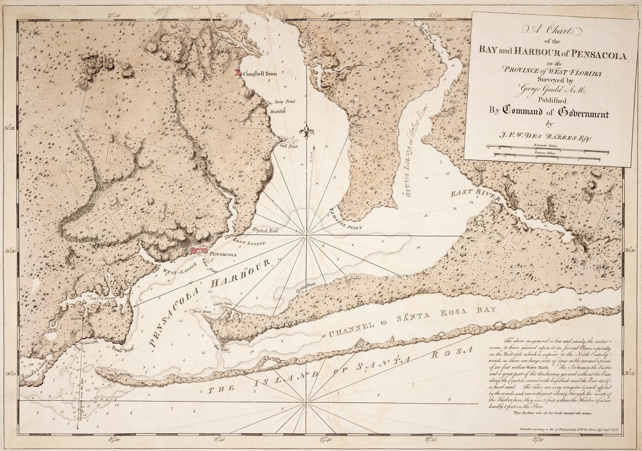 Een kaart van de baai en haven van Pensacola in de provincie West-Florida door Joseph Frederick Wallet DesBarres
