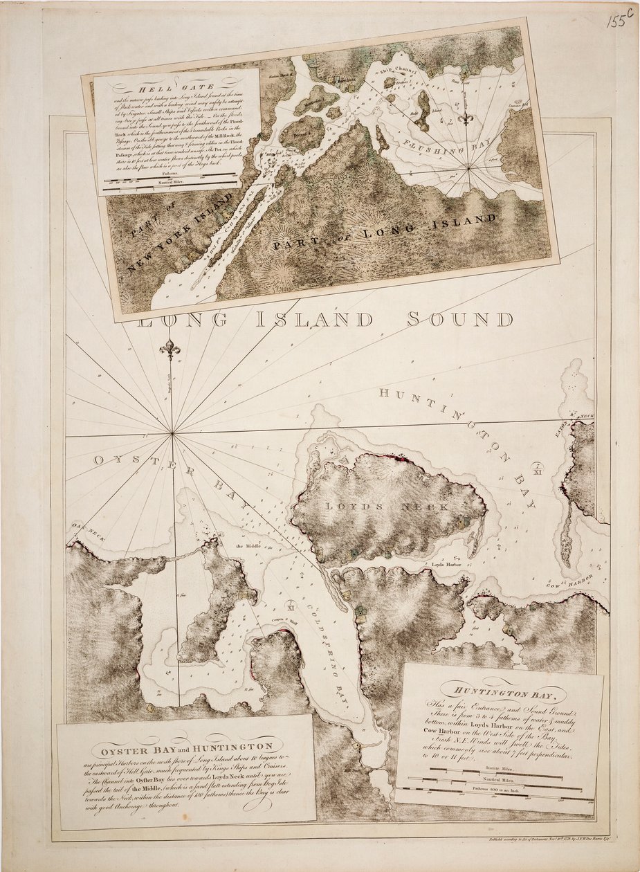 Kaart van Oyster Bay en Huntington Bay, Long Island Sound door Joseph Frederick Wallet DesBarres