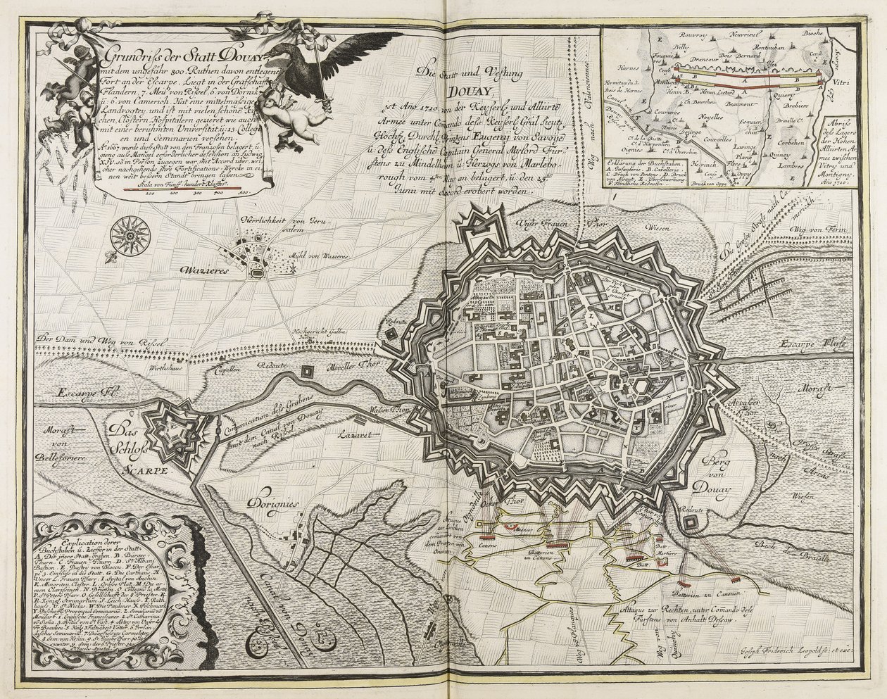 Schets van de stad Douay met het fort aan de Escarpe, ongeveer 800 roeden ervan verwijderd, ligt in het graafschap Vlaanderen, 7 mijl van Rissel, 6 van Dornik en 6 van Camerich, heeft een middelmatig baljuwschap en is bezaaid met vele mooie kerken, cl door Joseph Friedrich Leopold