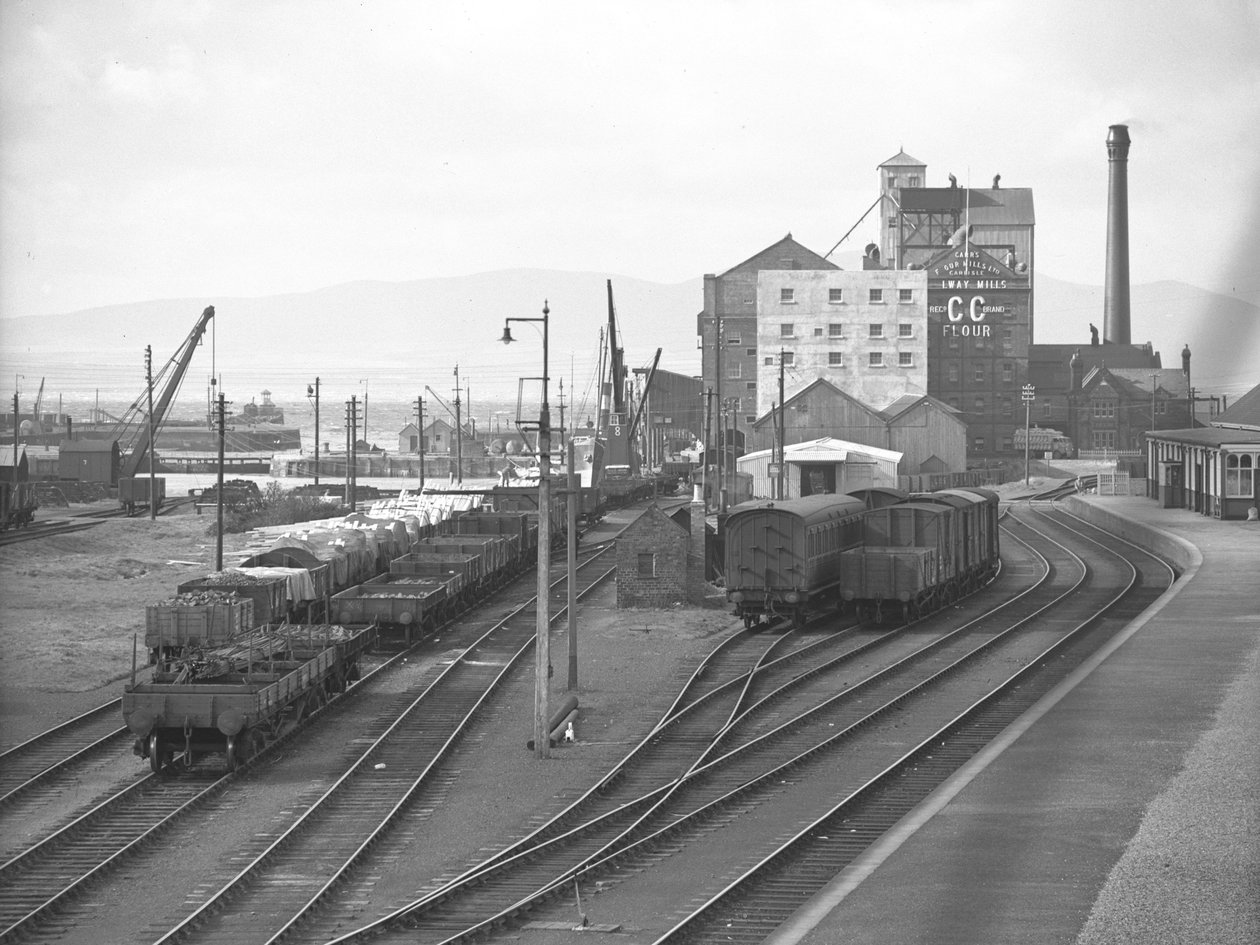 Zicht op goederen- en goederenwagons op zijsporen bij Silloth dok door Joseph Hardman
