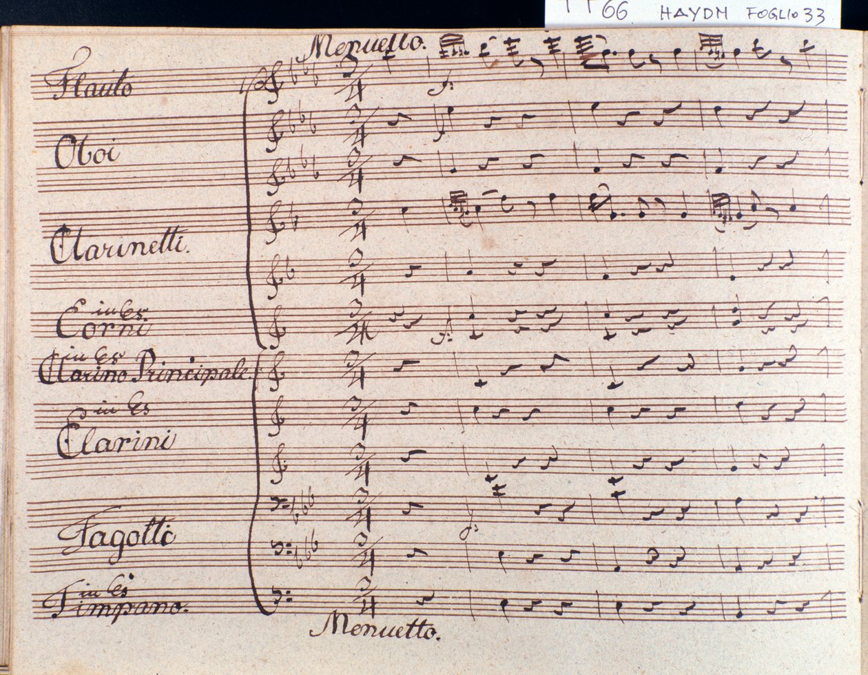 Eerste pagina van bladmuziek van menuet in Symfonie 66 in Bes majeur door J Haydn door Joseph Haydn