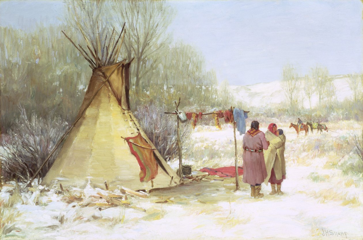 Indianen keren terug naar een winterkamp door Joseph Henry Sharp