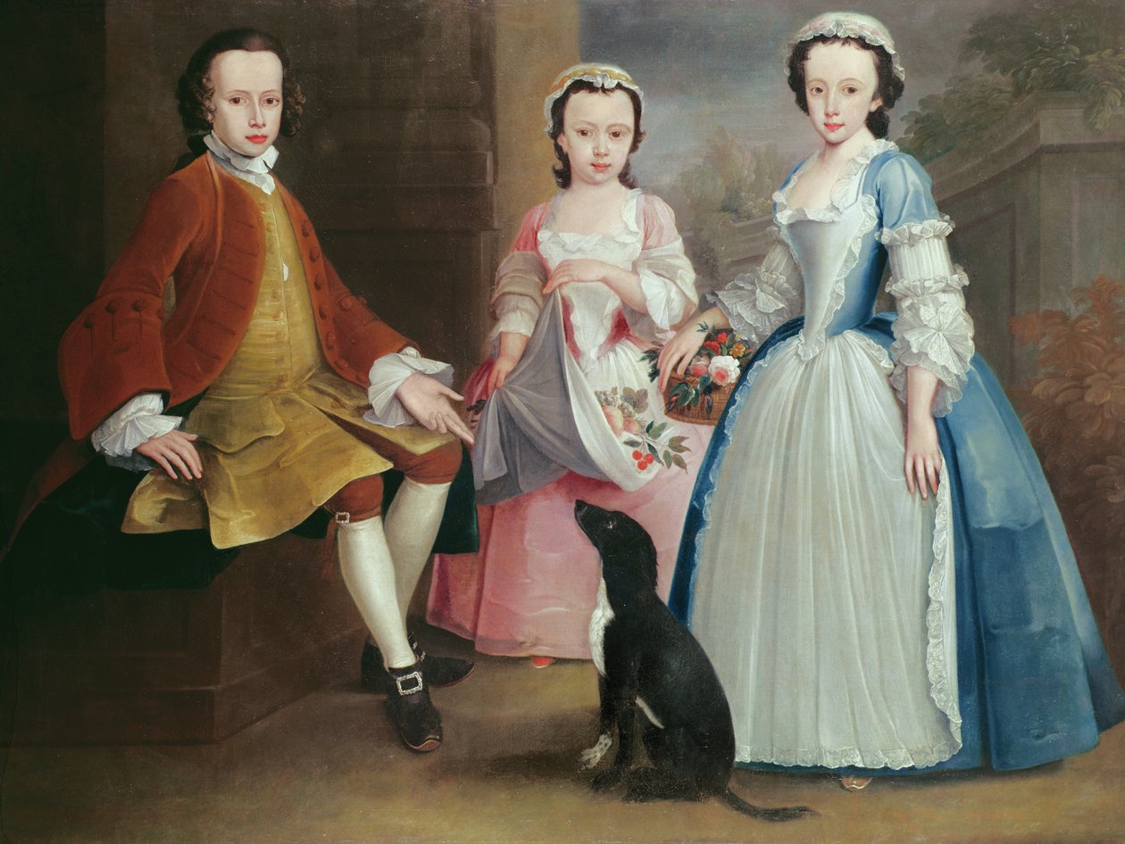 Sara, Anna en Evan Davies met hun hond door Joseph Highmore