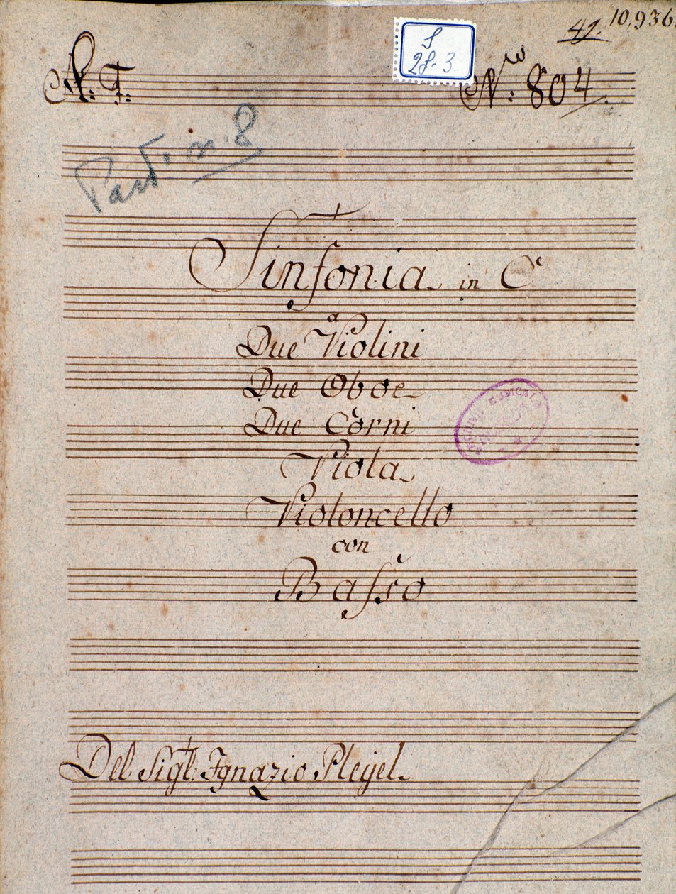 Eerste pagina van de partituur van Symphony in C door Pleyel door Joseph Ignace Pleyel