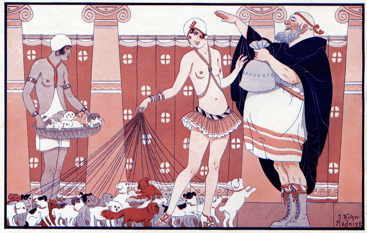 Drie Vrouwelijke Prijzen - Prijs van de kleine oude oma uit een groot gezin - illustratie uit la Vie Parisienne, 1919 door Joseph Kuhn Regnier