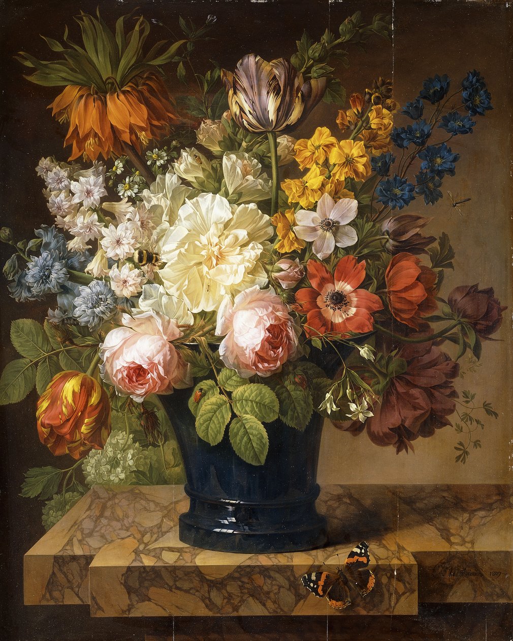 Bloemen in een vaas op een marmeren richel met een rode admiraal, een hommel, twee kevers en een libel, 1807 door Joseph-Laurent Malaine