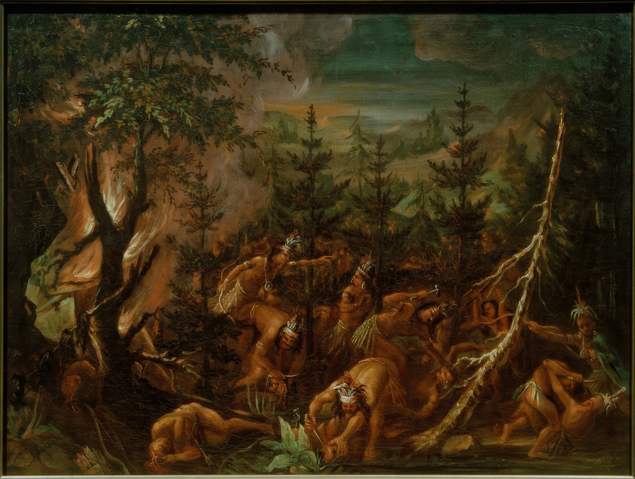 Bloedbad van de Irokezen aan de Huronen door Joseph Légaré