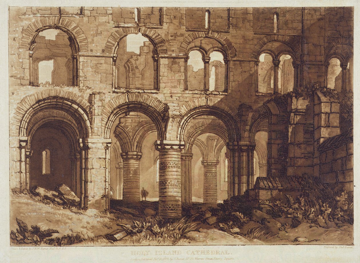 Holy Island Cathedral, gegraveerd door Charles Turner (1773-1857) 1808 door Joseph Mallord William (after) Turner