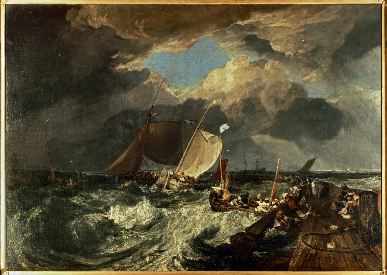 De pier van Calais, met Franse vissers die zich klaarmaken voor de zee: Een Engels pakket arriveert ... (schilderij op doek) door Joseph Mallord William Turner