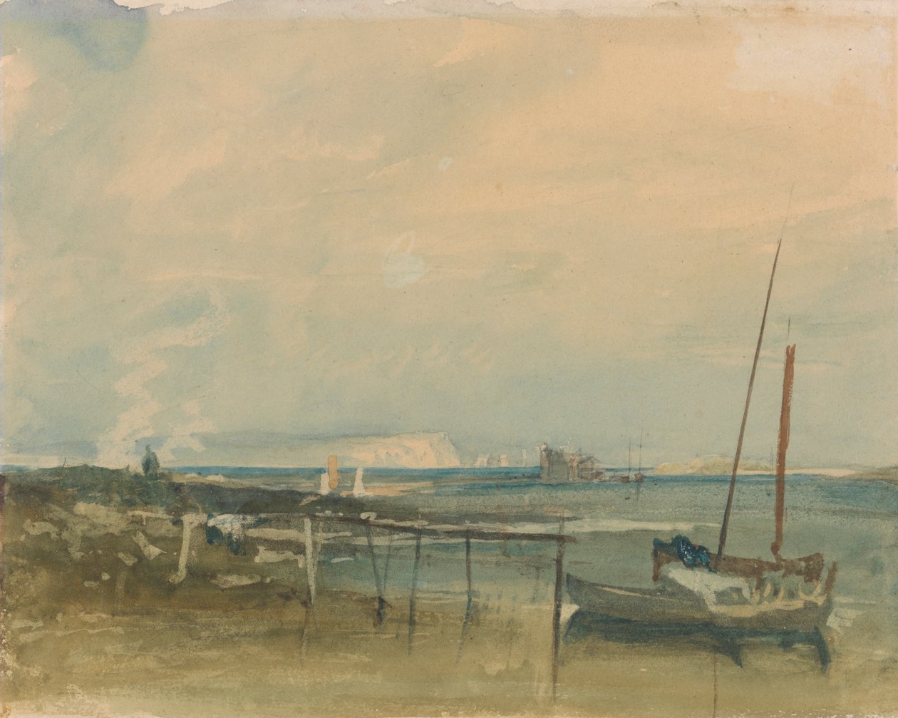 Kustscène met witte kliffen en boten aan de kust door Joseph Mallord William Turner