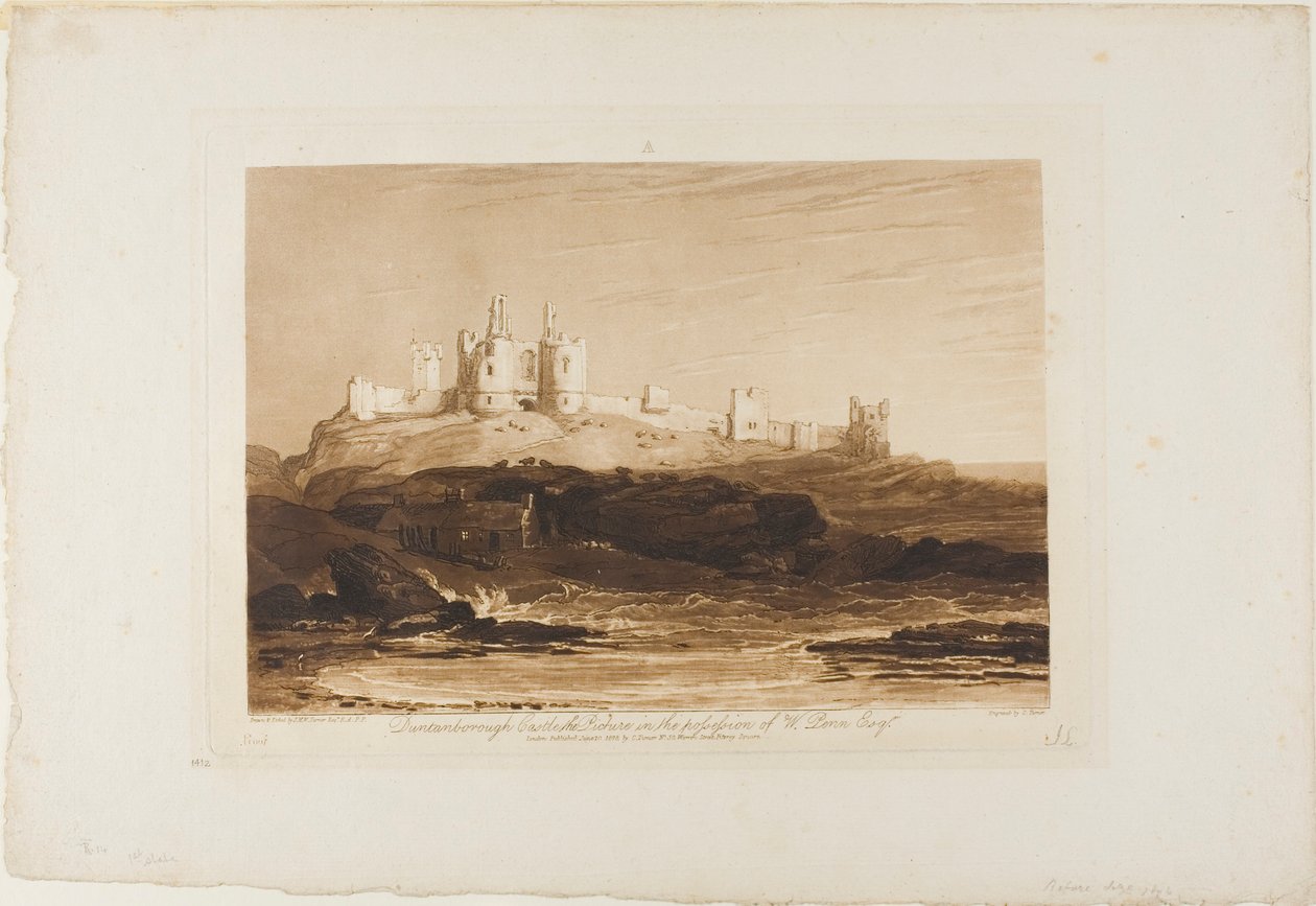 Dunstanborough Kasteel, plaat 14 uit Liber Studiorum door Joseph Mallord William Turner