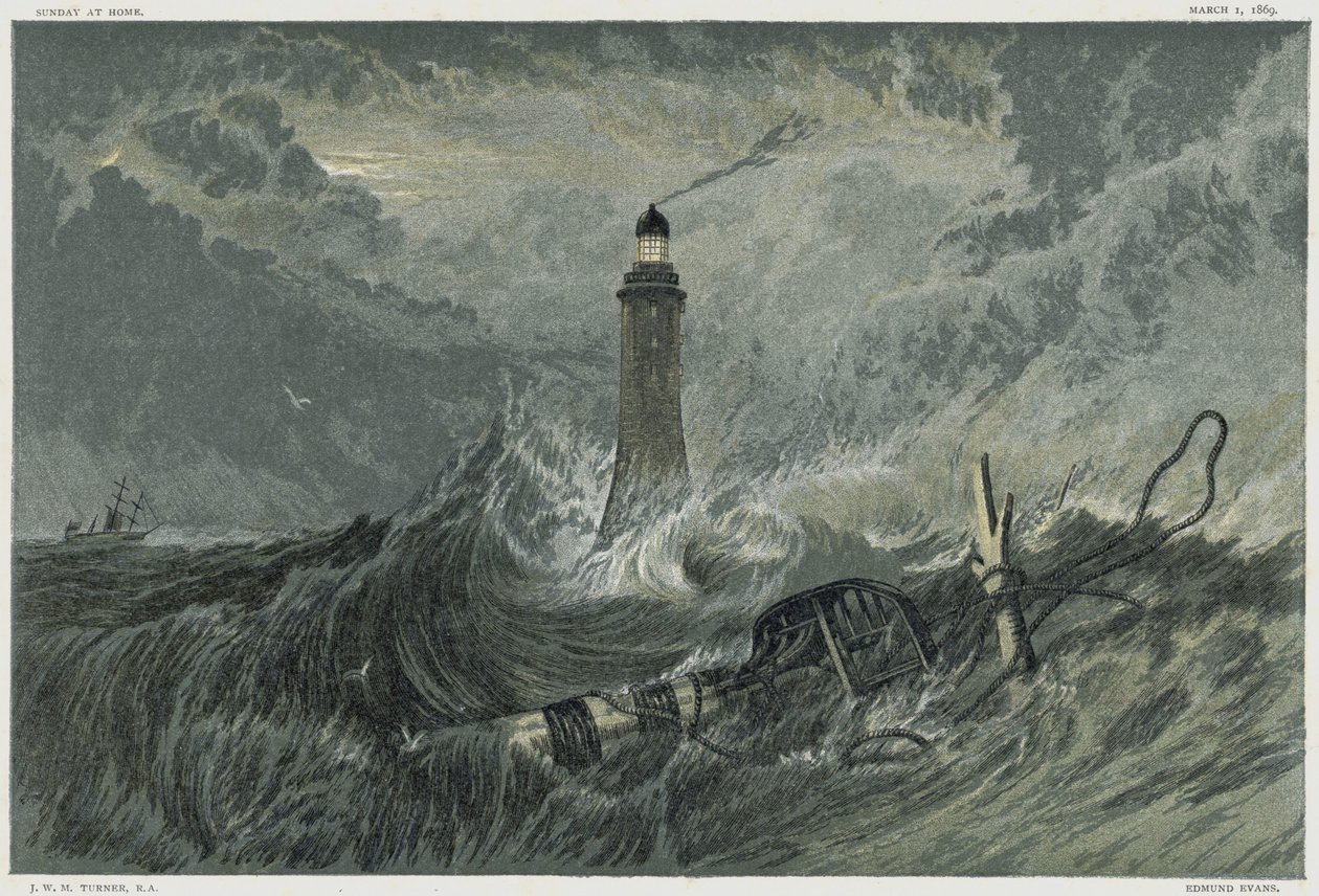 Eddystone vuurtoren, gebouwd op de Eddystone rots door de Engelse civiel ingenieur John Smeaton van 1757-1759. Chromolithografie naar een schilderij van JMW Turner door Joseph Mallord William Turner