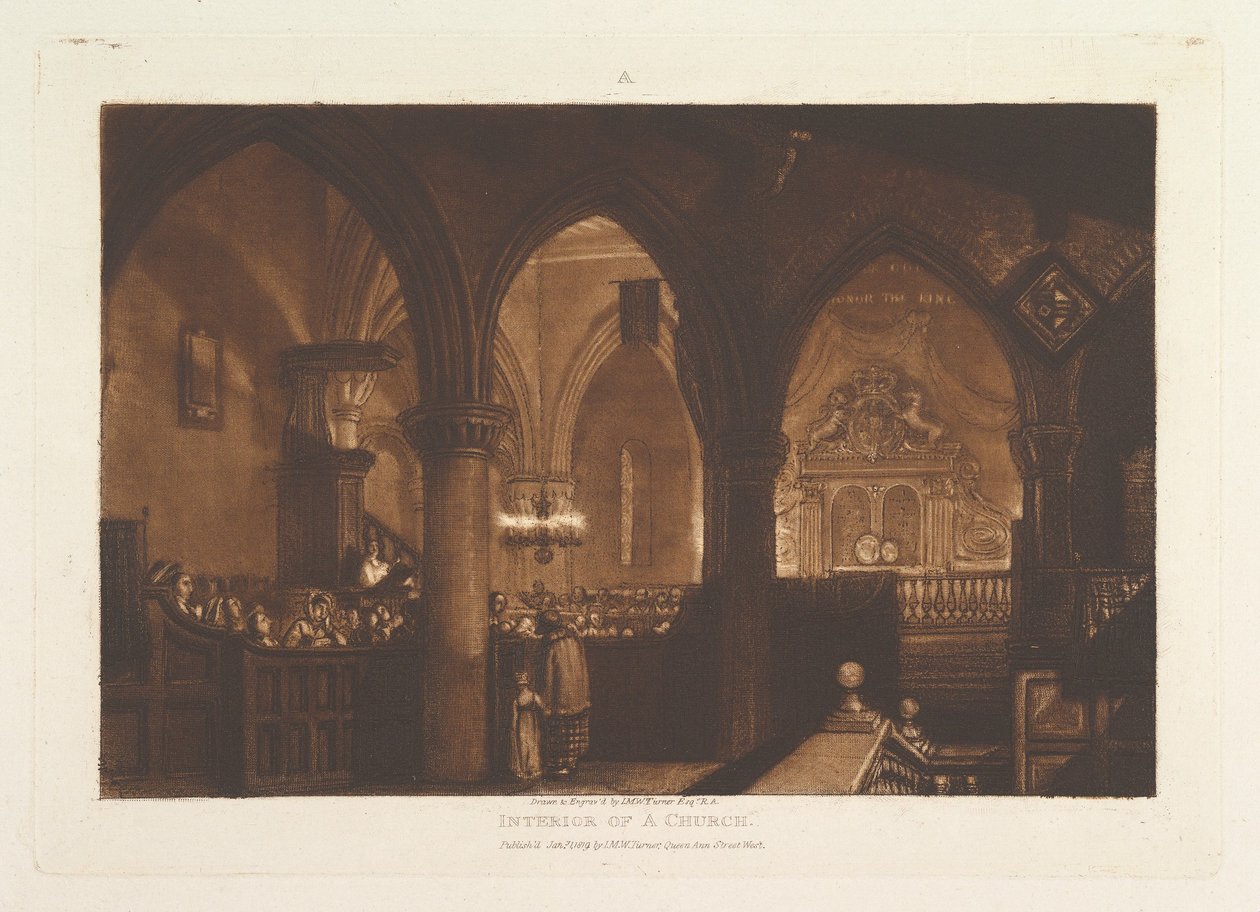 Interieur van een kerk, Liber Studiorum, deel XIV, plaat 70, 1 januari 1819 door Joseph Mallord William Turner