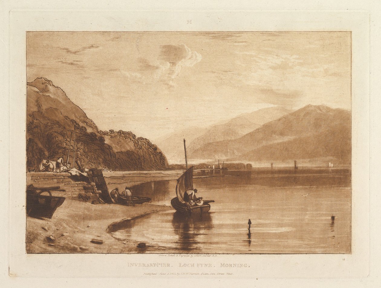 De pier van Inverary, Loch Fyne, ’s ochtends (Liber Studiorum, deel VII, plaat 35) door Joseph Mallord William Turner