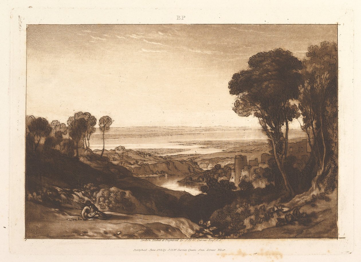 Samenvloeiing van de Severn en de Wye, deel VI, plaat 28 uit „Liber Studiorum” door Joseph Mallord William Turner