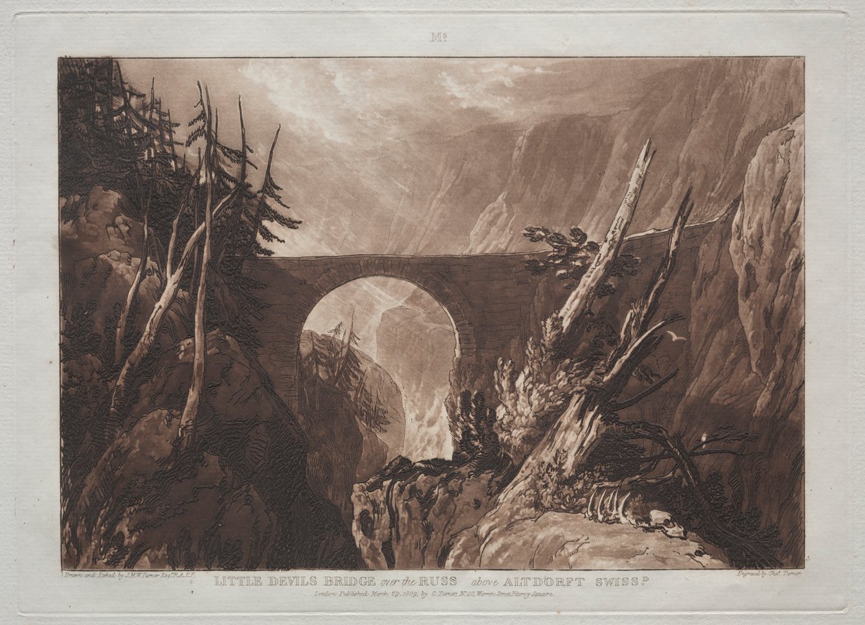 Liber Studiorum: Kleine Duivelsbrug over de Russ, boven Altdorft, Zwitserland door Joseph Mallord William Turner