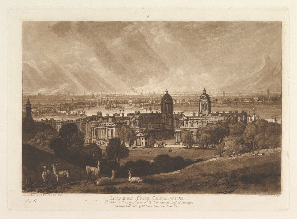 Londen vanuit Greenwich, Liber Studiorum, deel V, plaat 26, 1 januari 1811 door Joseph Mallord William Turner