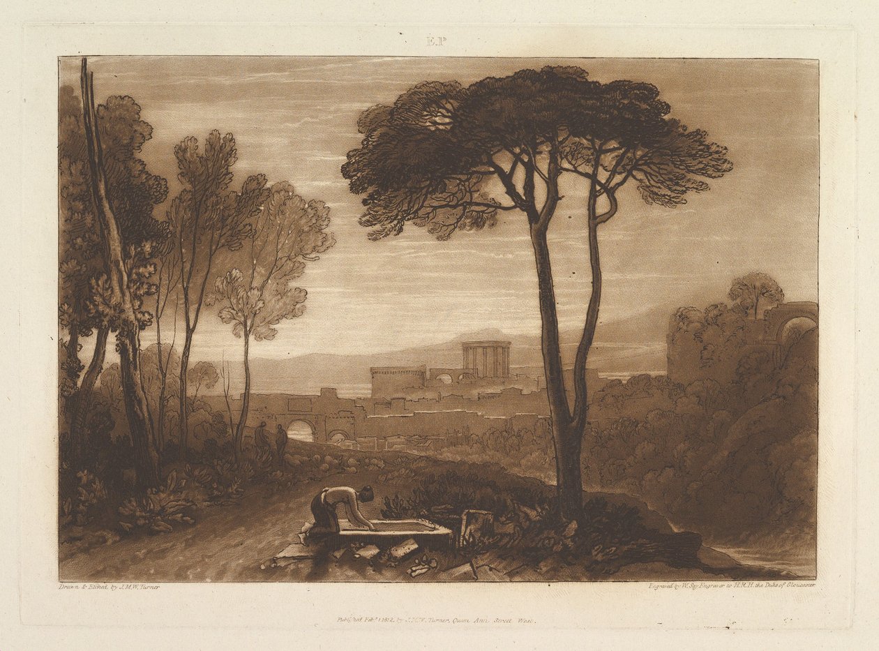 Scène in de Campagna Liber Studiorum, deel VIII, plaat 38, 1 februari 1812 door Joseph Mallord William Turner