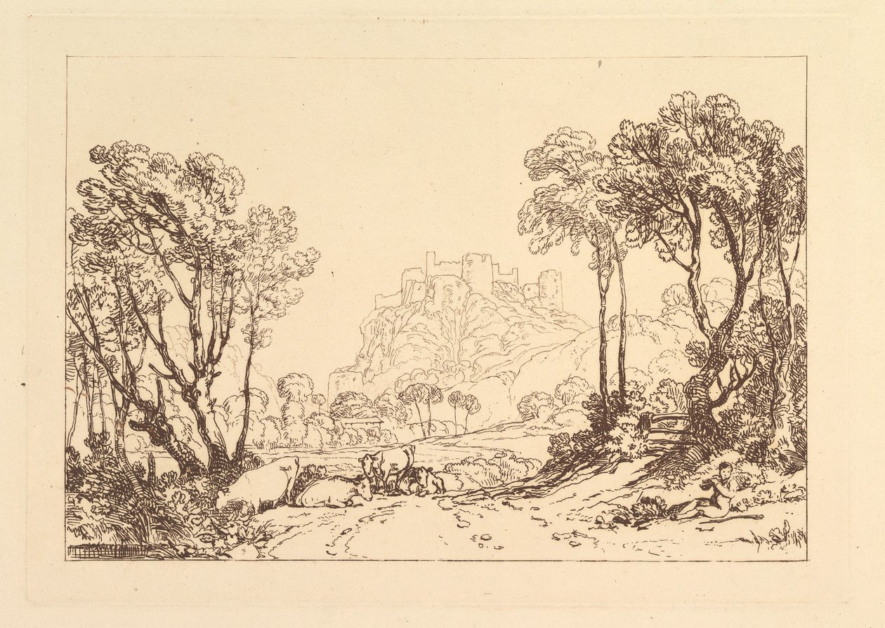 Het kasteel boven de weiden Liber Studiorum, deel II, plaat 8 door Joseph Mallord William Turner