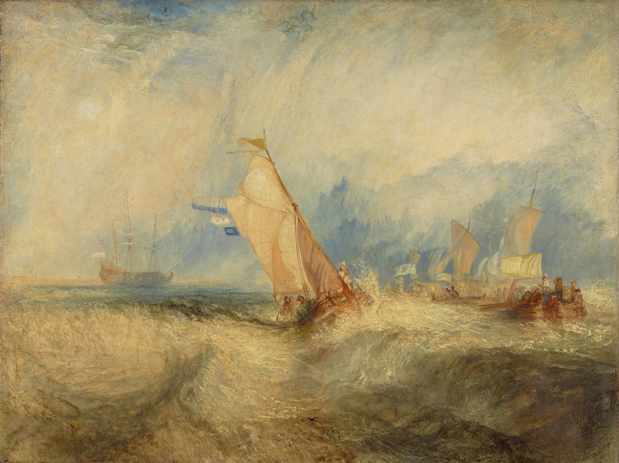 Van Tromp, die zijn meesters tevreden wil stellen, vaart de zee op en wordt flink nat door Joseph Mallord William Turner