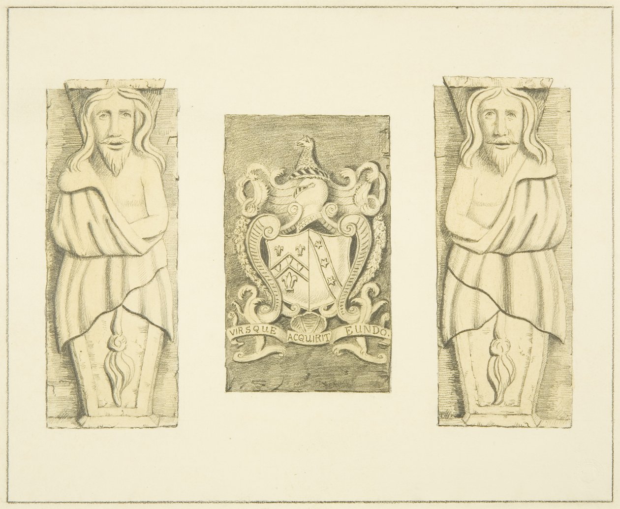 2 figuren en wapen van poort bij het Zwarte Kasteel, Brislington door Joseph Manning