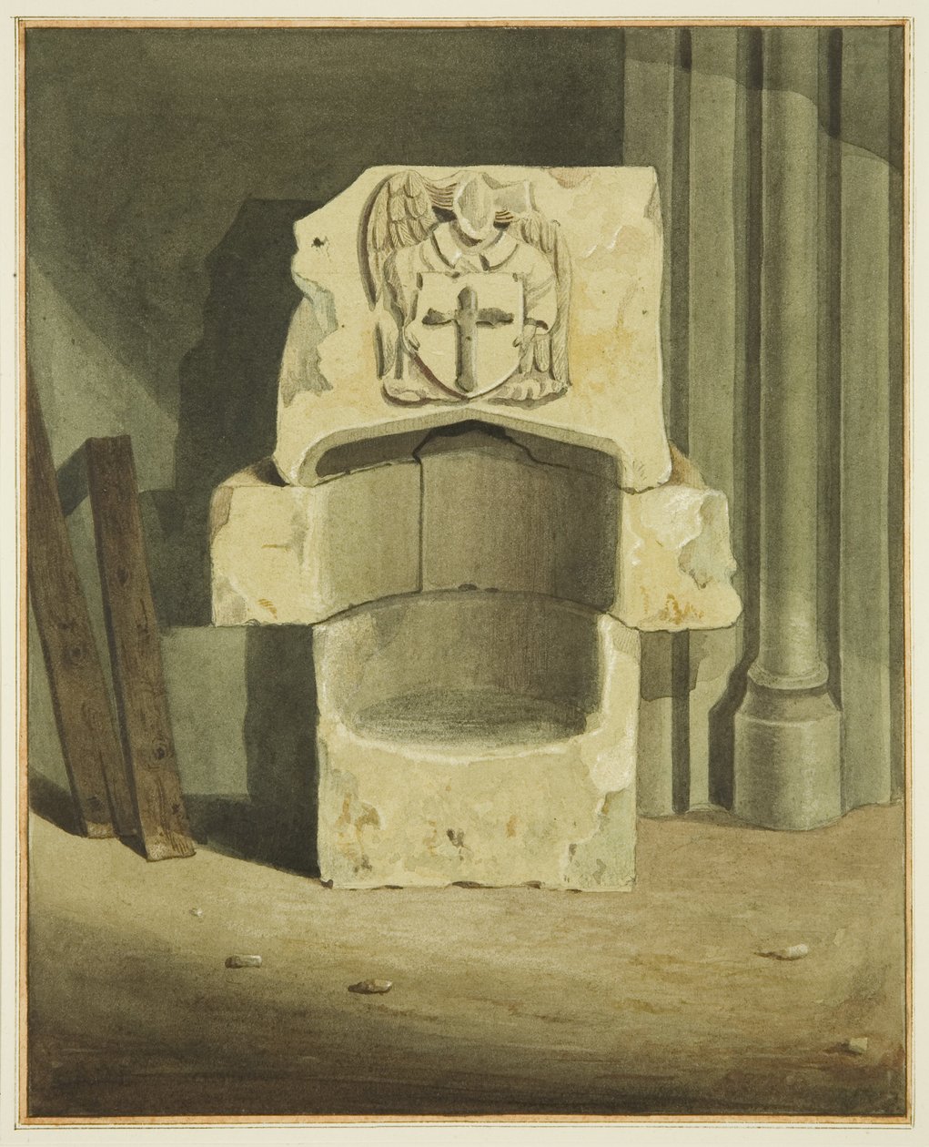 Oude doopvont uit de zuidmuur van de crypte van St John