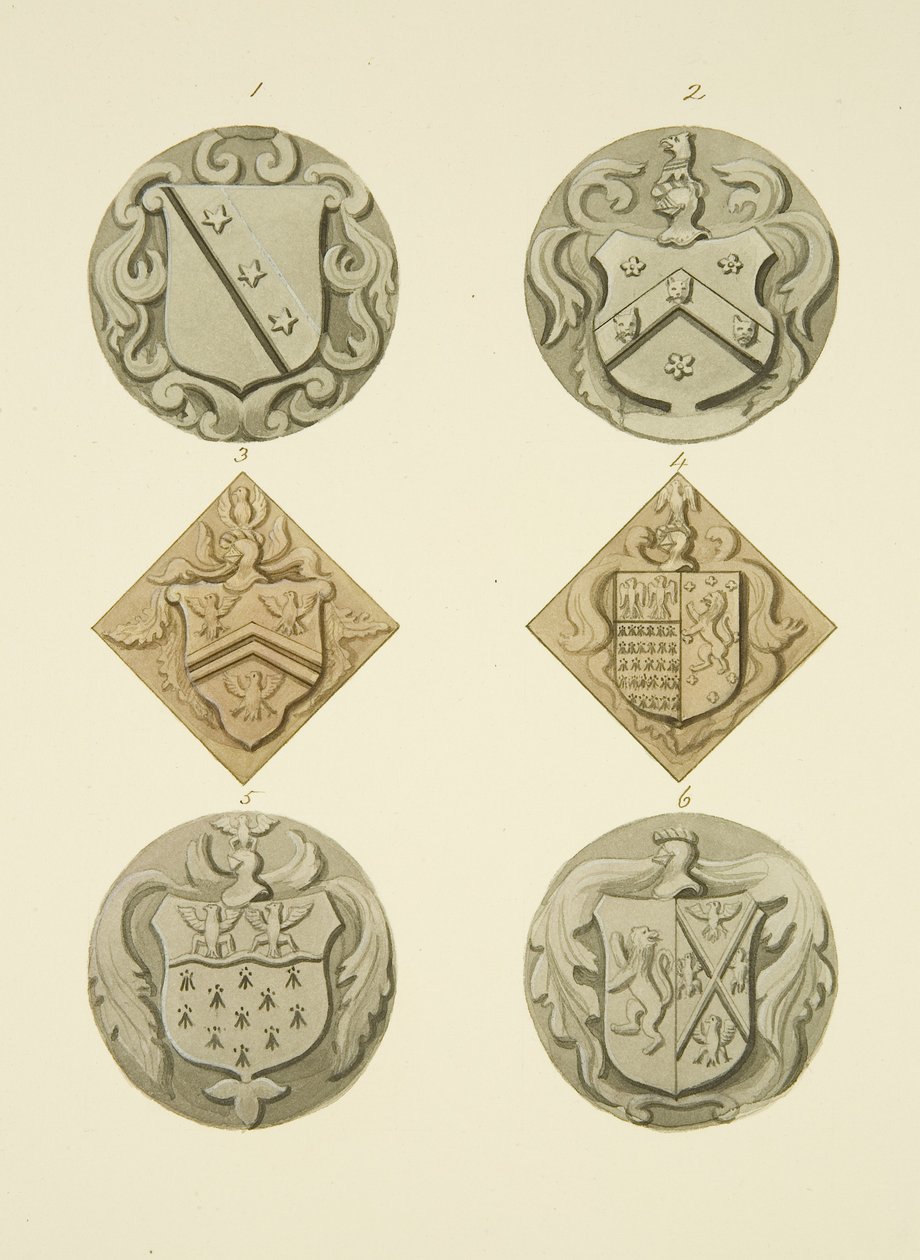 Wapenschilden op grafstenen in de kerk van St Thomas door Joseph Manning