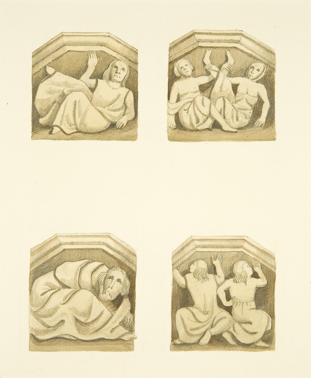 Vier consoles in het noordportaal (oorspronkelijk ter ondersteuning van beelden) van St. Mary Redcliffe door Joseph Manning