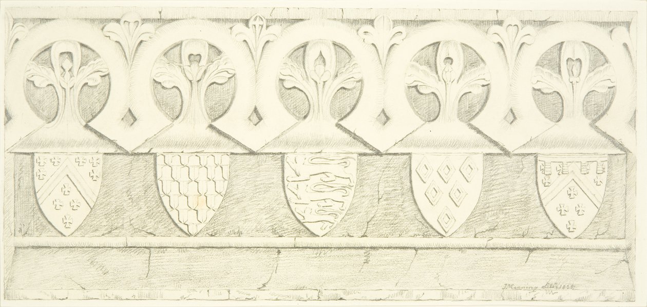 Gotisch fries en wapenschilden in de vestry kamer van de Kathedraal van Bristol door Joseph Manning