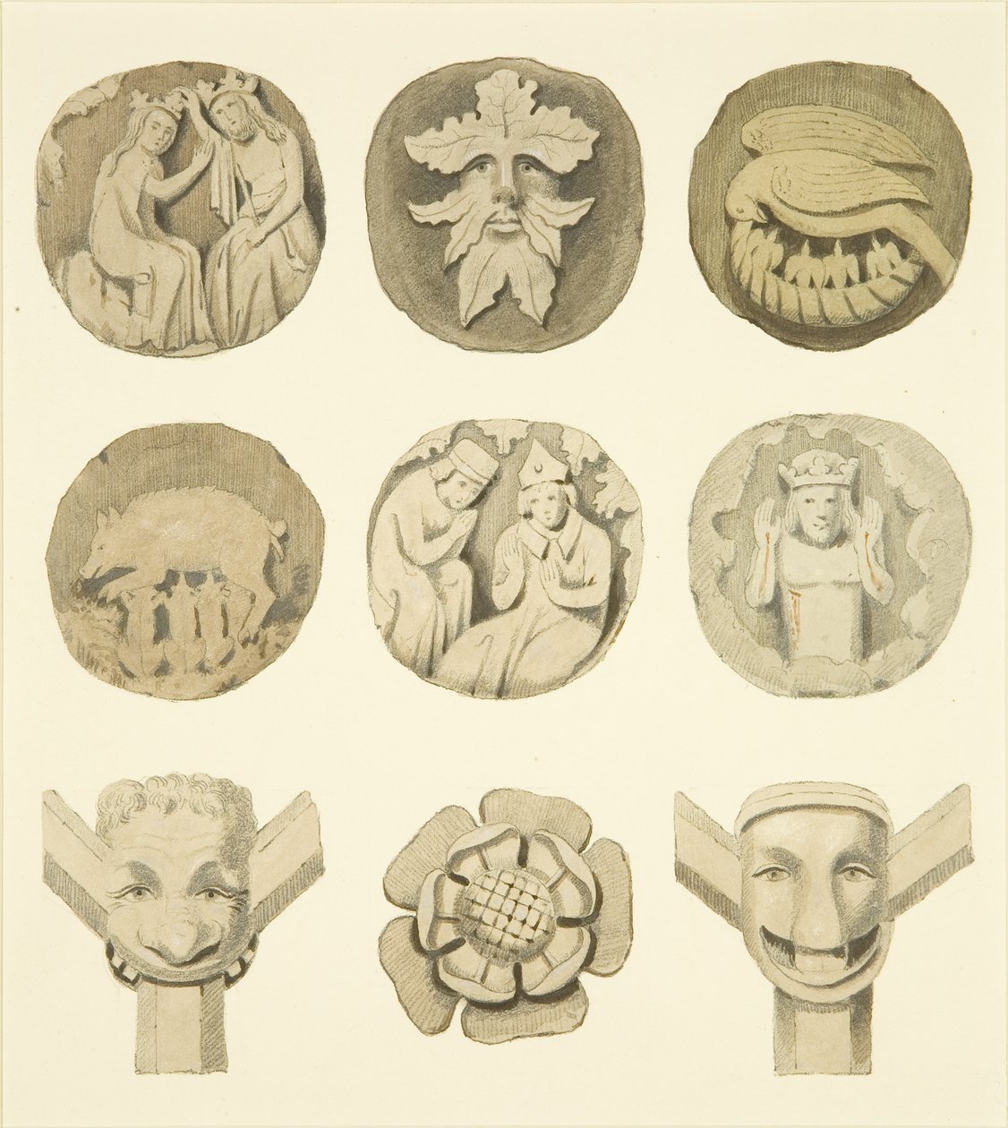 Gewelfstenen (kraagstenen) in het plafond van de Redcliffe-kerk door Joseph Manning